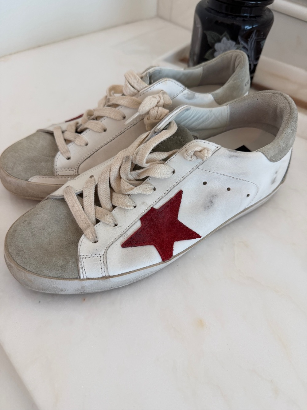 Golden Goose White Leather Sneakers with Red Star